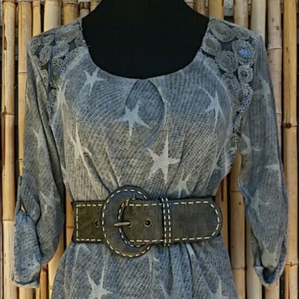 🌸 SALE ENDS SUN 🌸NEW Gray Wool Blend Star Print Dress with Ruffle Hem Slip - Picture 2 of 11